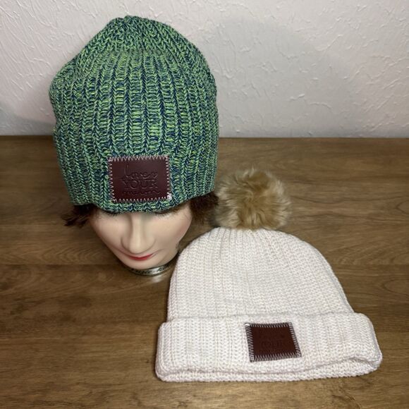 Love Your Melon Accessories - Love Your Melon Beanie Womens One Size Lot of 2 Knit Pom Green Off White Winter